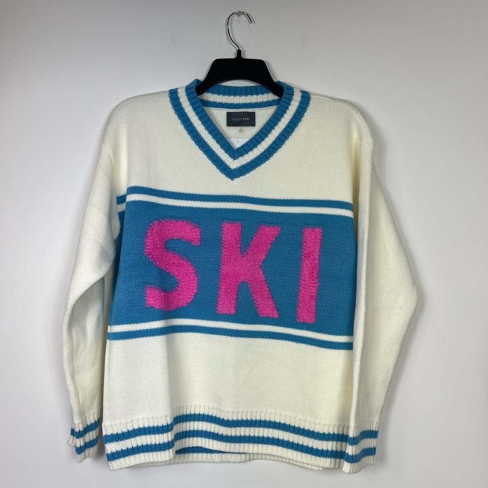 Hudson Gray Ski V-Neck Sweater‎ with Pink Accent Size L